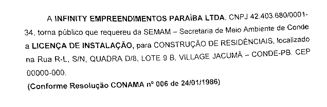 INFINITY EMPREENDIMENTO PARAÍBA LTDA – LICENÇA AMBIENTAL