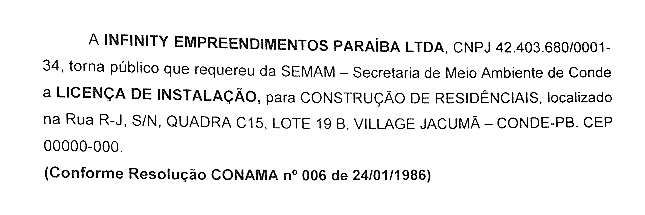 INFINITY EMPREENDIMENTO PARAÍBA LTDA – LICENÇA AMBIENTAL