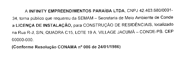 INFINITY EMPREENDIMENTO PARAÍBA LTDA – LICENÇA AMBIENTAL