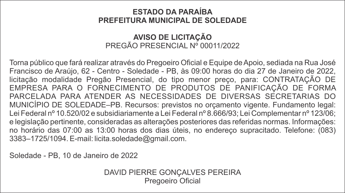 PREFEITURA MUNICIPAL DE SOLEDADE – AVISO DE LICITAÇÃO – PREGÃO PRESENCIAL Nº 00011/2022