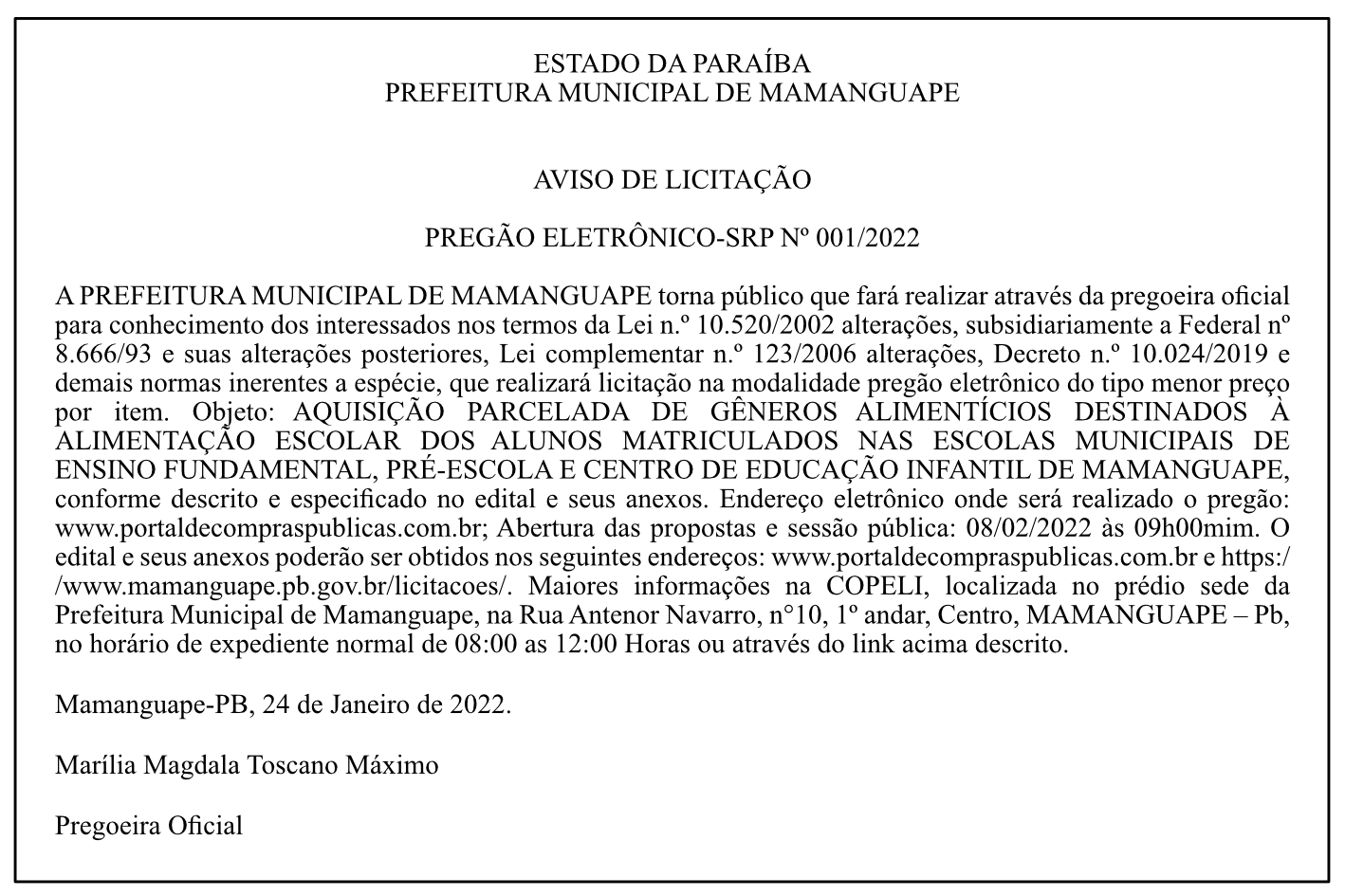 PREFEITURA MUNICIPAL DE MAMANGUAPE – AVISO DE LICITAÇÃO – PREGÃO ELETRÔNICO-SRP Nº 001/2022