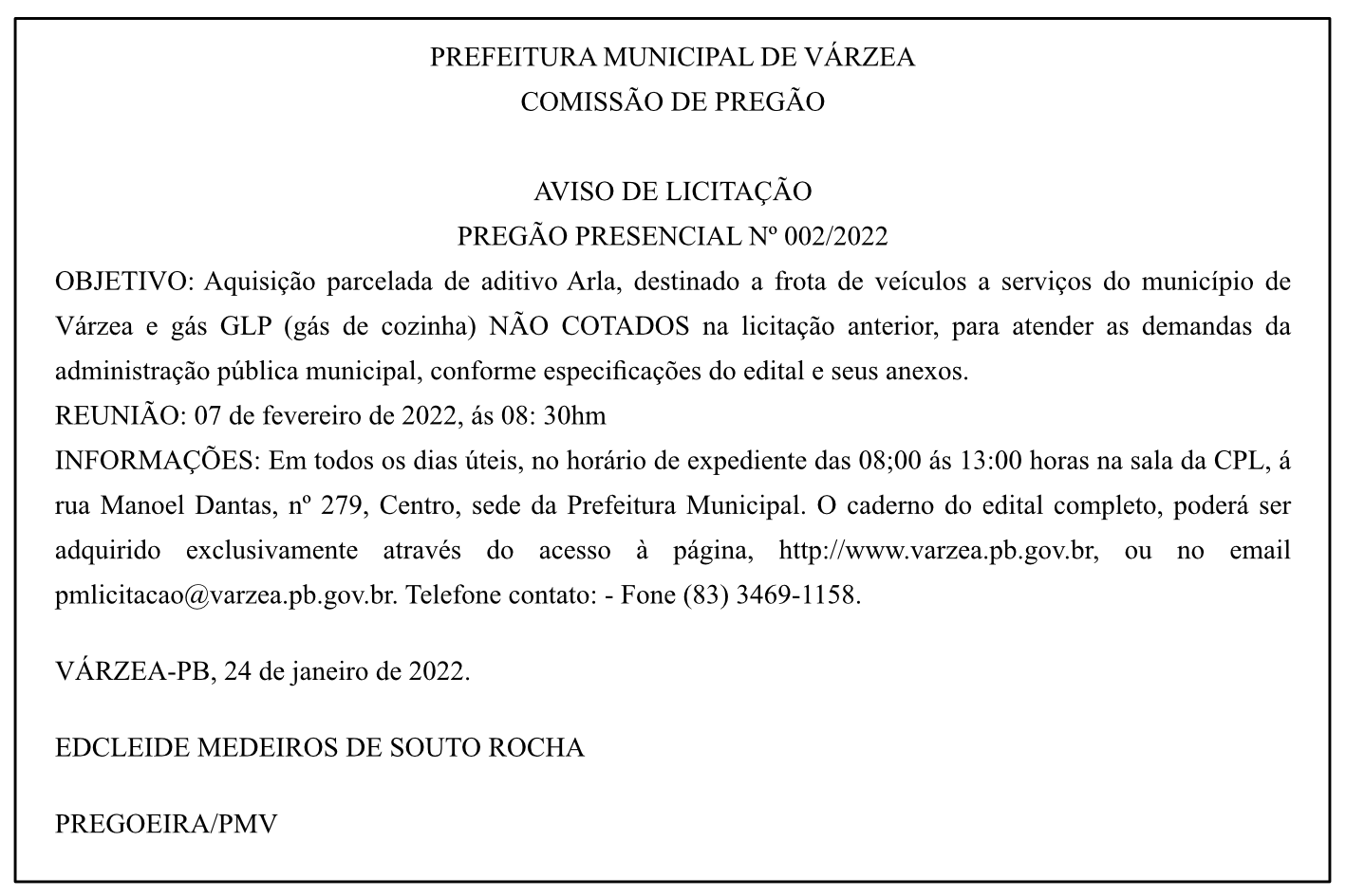 PREFEITURA MUNICIPAL DE VÁRZEA – AVISO DE LICITAÇÃO – PREGÃO PRESENCIAL Nº 002/2022