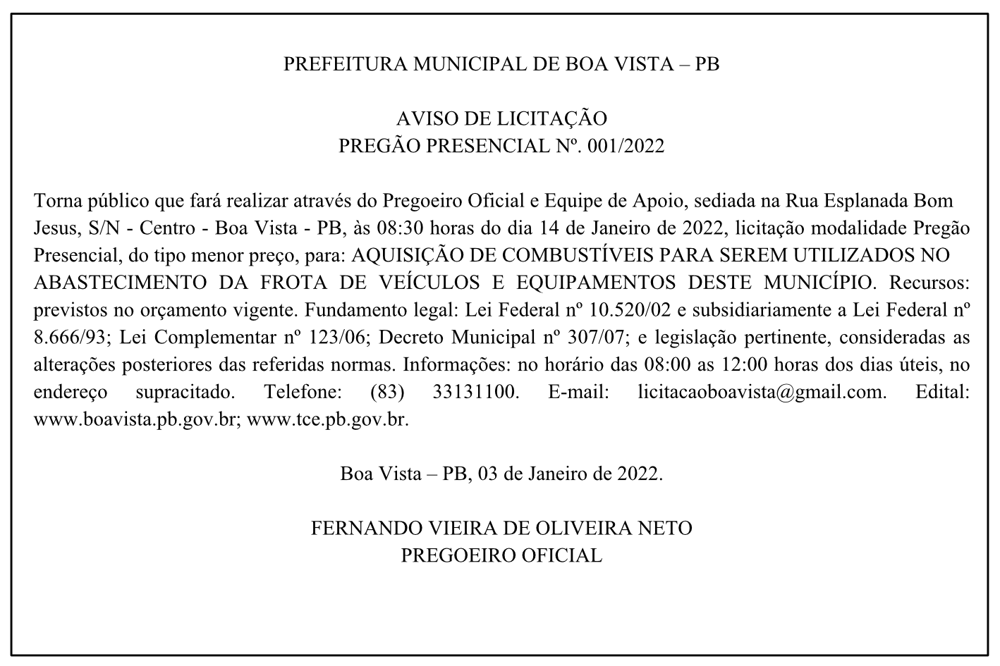 PREFEITURA MUNICIPAL DE BOA VISTA – PB  – AVISO DE LICITAÇÃO – PREGÃO PRESENCIAL Nº. 001/2022