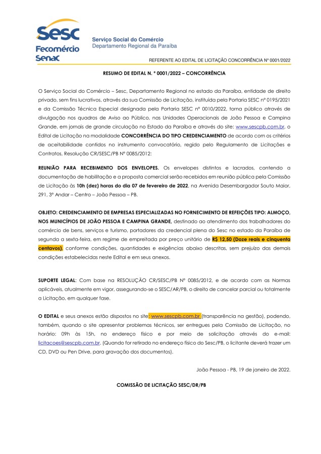 SESC – RESUMO DE EDITAL N.º 0001/2022 – CONCORRÊNCIA