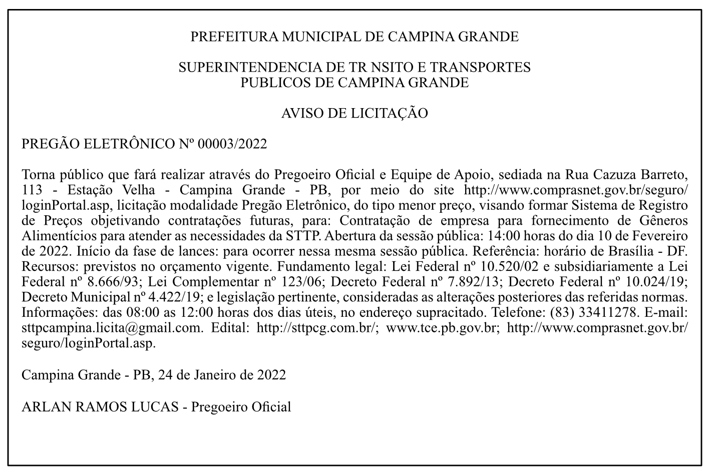 STTP/CG – AVISO DE LICITAÇÃO – PREGÃO ELETRÔNICO Nº 00003/2022