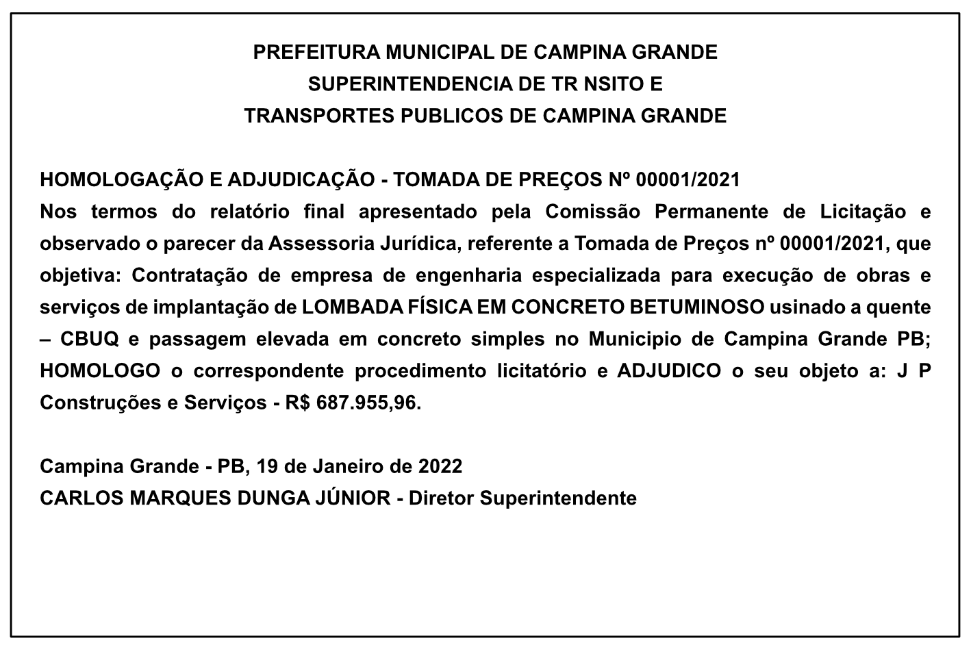 STTP/CG – HOMOLOGAÇÃO E ADJUDICAÇÃO – TOMADA DE PREÇOS Nº 00001/2021