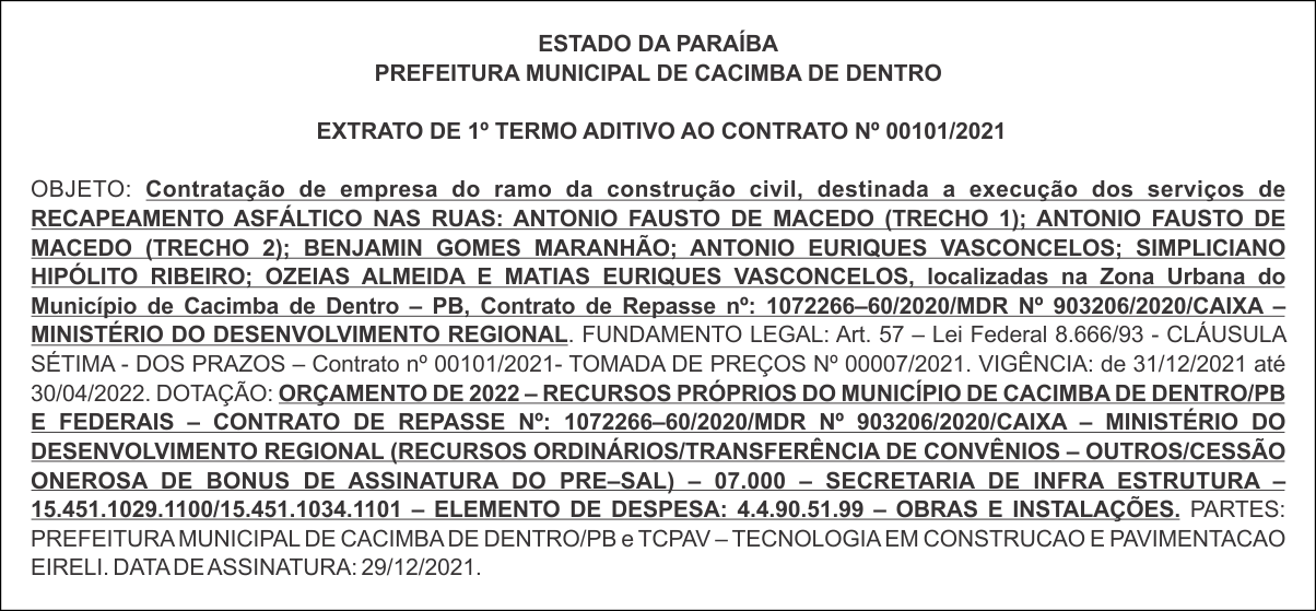 PREFEITURA MUNICIPAL DE CACIMBA DE DENTRO – EXTRATO DE 1º TERMO ADITIVO AO CONTRATO Nº 00101/2021