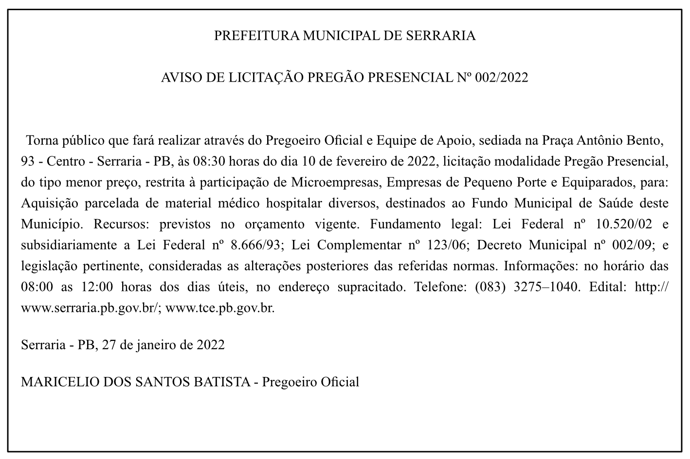 PREFEITURA MUNICIPAL DE SERRARIA – AVISO DE LICITAÇÃO – PREGÃO PRESENCIAL Nº 002/2022