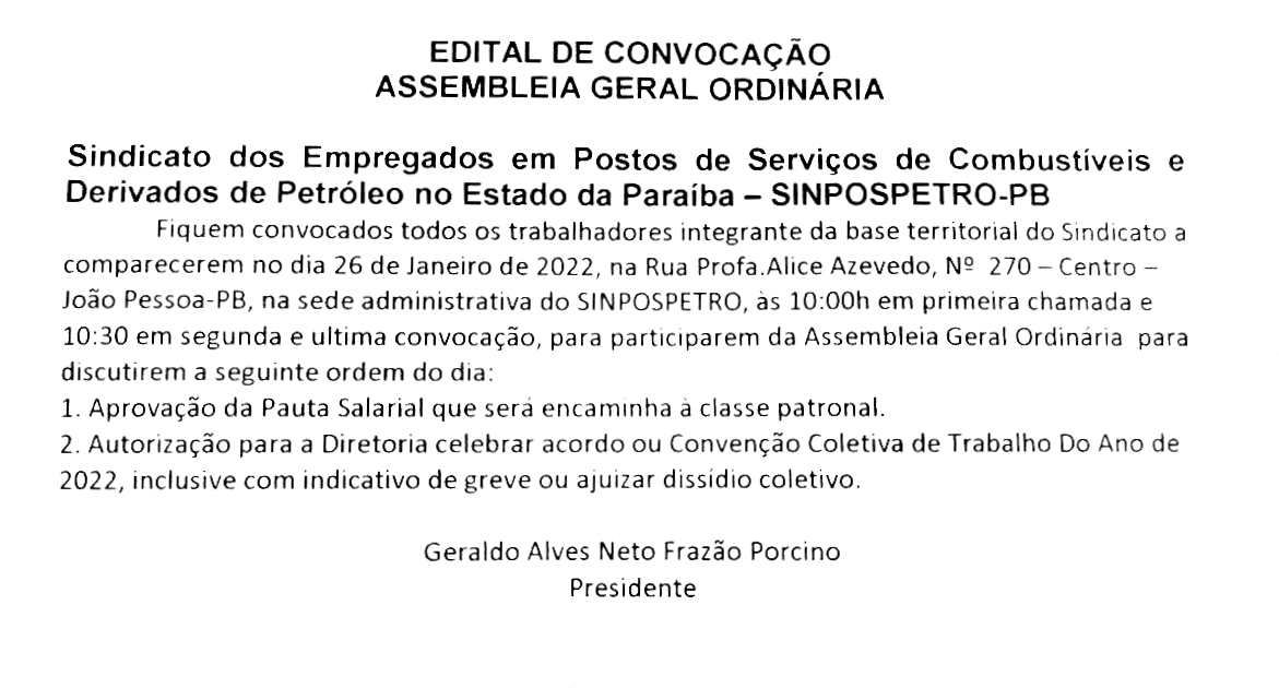 SINPOSPETRO/PB – EDITAL DE CONVOCAÇÃO DE ASSEMBLEIA GERAL ORDINÁRIA