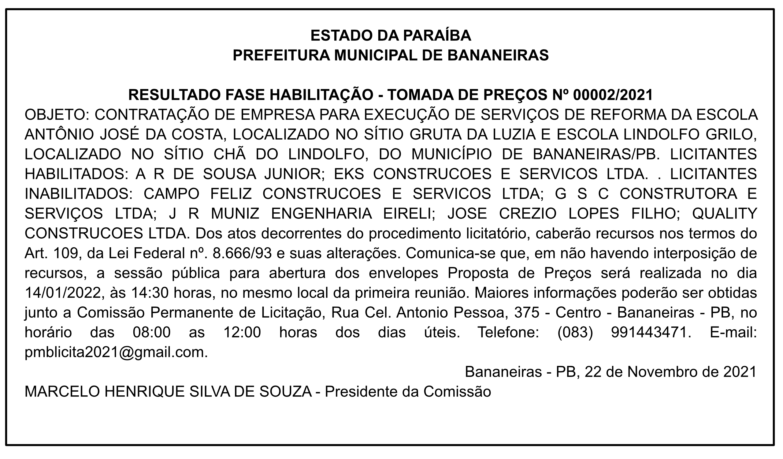 PREFEITURA MUNICIPAL DE BANANEIRAS – RESULTADO FASE HABILITAÇÃO – TOMADA DE PREÇOS Nº 00002/2021