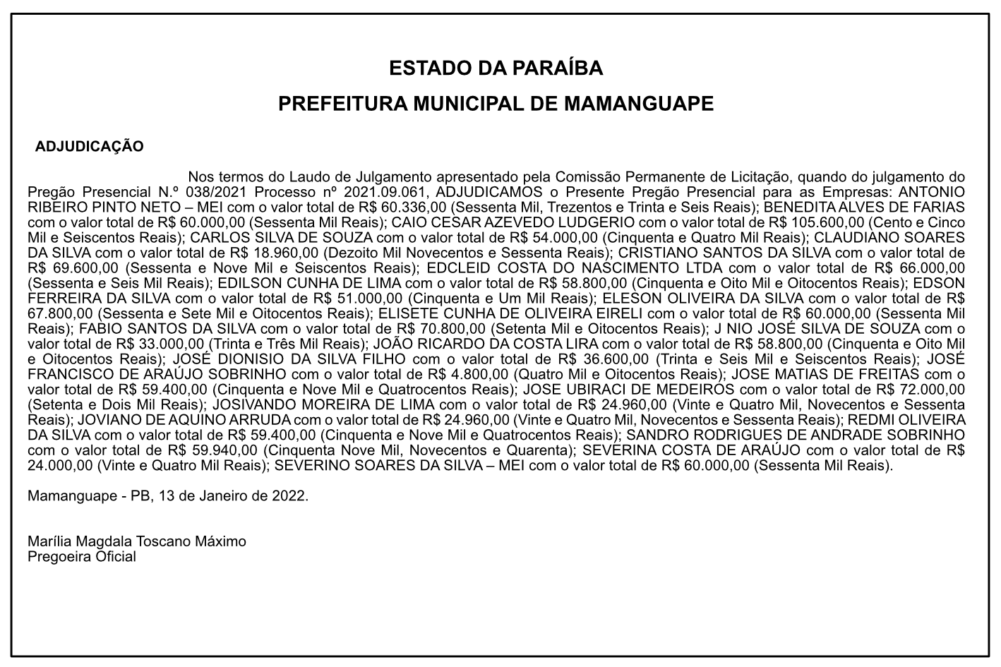 PREFEITURA MUNICIPAL DE MAMANGUAPE – ADJUDICAÇÃO