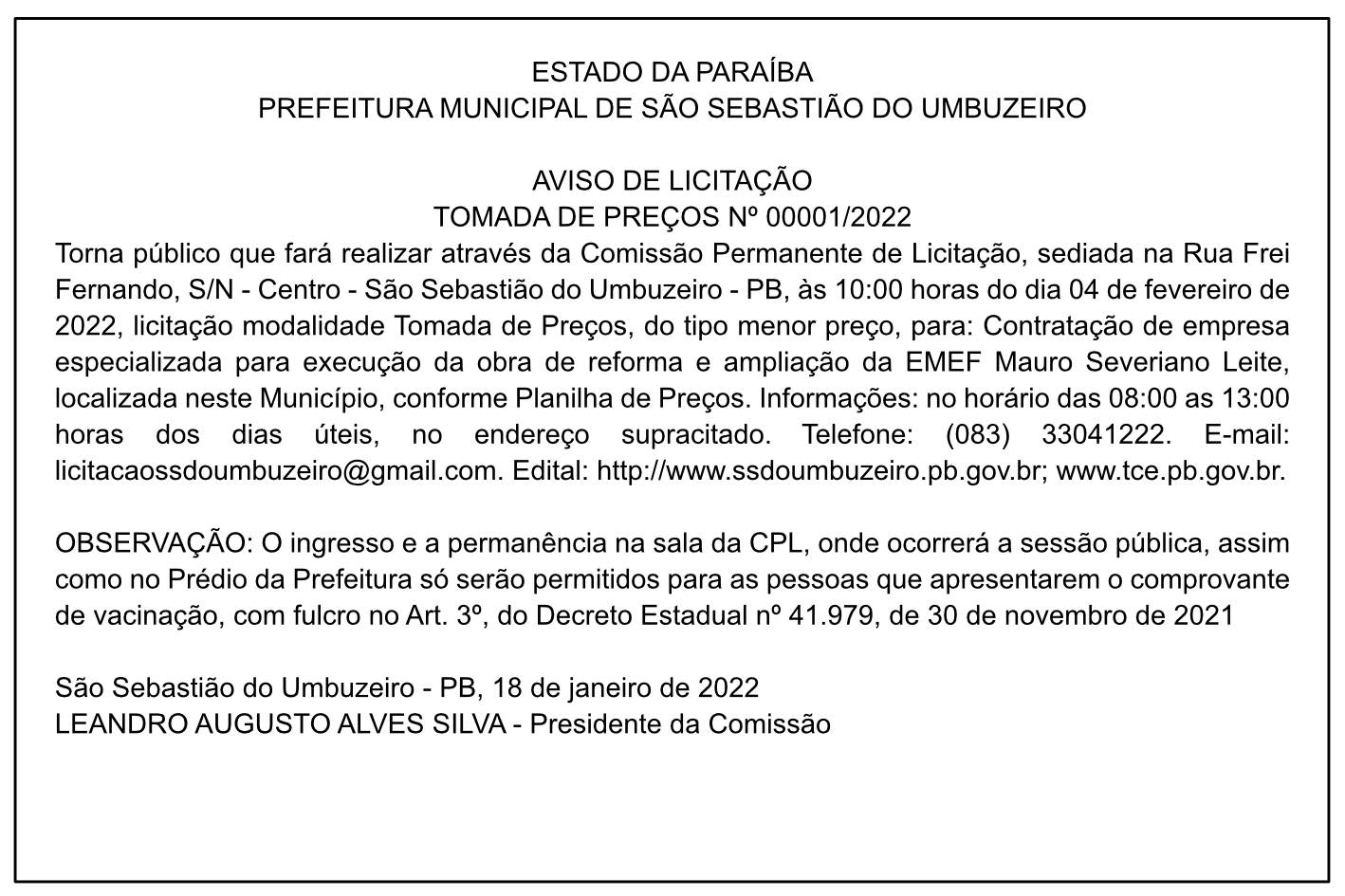PREFEITURA MUNICIPAL DE SÃO SEBASTIÃO DO UMBUZEIRO – AVISO DE LICITAÇÃO – TOMADA DE PREÇOS Nº 00001/2022