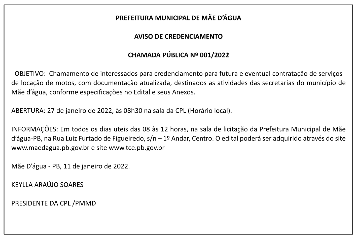 PREFEITURA MUNICIPAL DE MÃE D’ÁGUA  – AVISO DE CREDENCIAMENTO – CHAMADA PÚBLICA Nº 001/2022