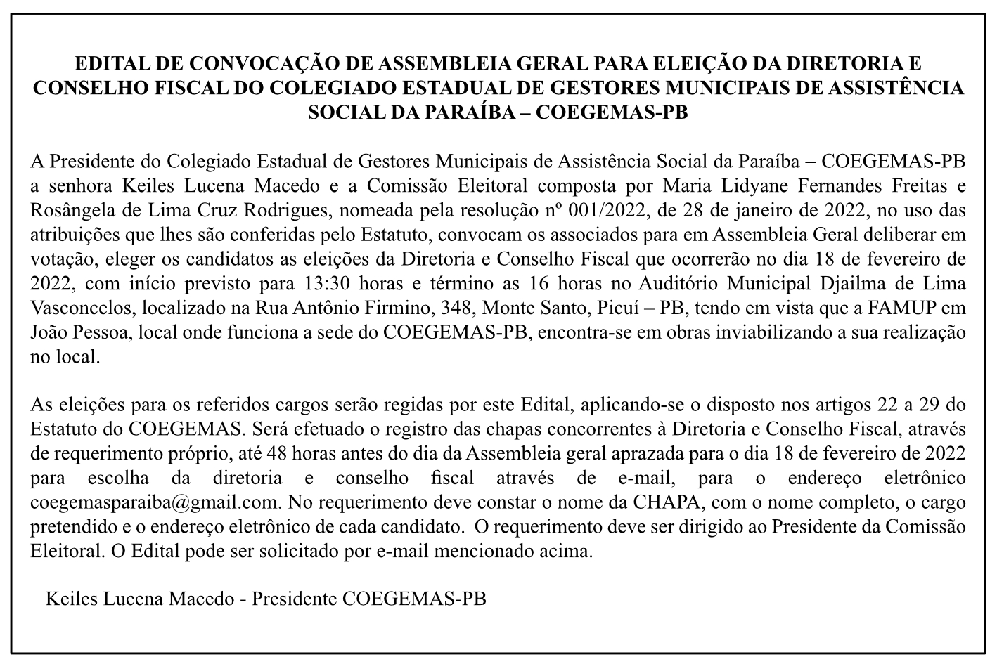 COEGEMAS-PB – EDITAL DE CONVOCAÇÃO DE ASSEMBLEIA GERAL PARA ELEIÇÃO