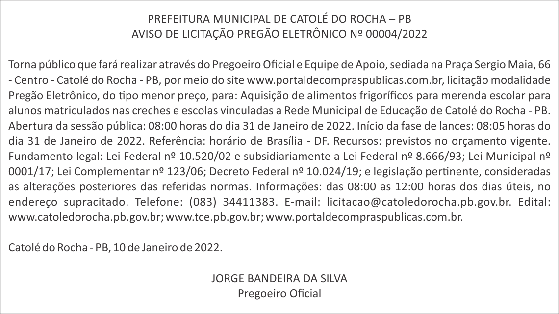 PREFEITURA MUNICIPAL DE CATOLÉ DO ROCHA – AVISO DE LICITAÇÃO – PREGÃO ELETRÔNICO Nº 00004/2022