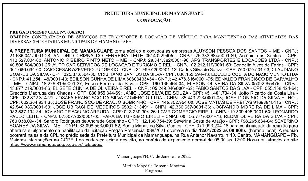 PREFEITURA MUNICIPAL DE MAMANGUAPE – CONVOCAÇÃO – PREGÃO PRESENCIAL Nº: 038/2021.