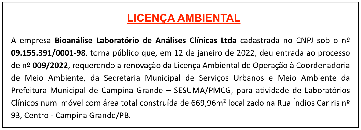Bioanálise Laboratório de Análises Clínicas Ltda – Licença Ambiental