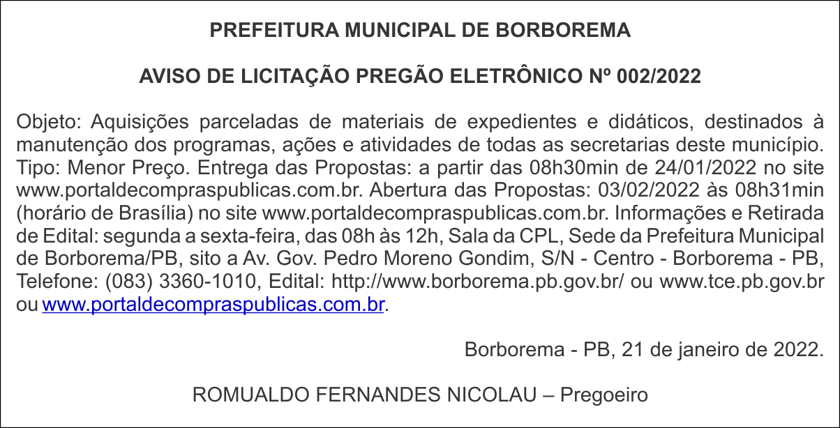 PREFEITURA MUNICIPAL DE BORBOREMA – AVISO DE LICITAÇÃO – PREGÃO ELETRÔNICO Nº 002/2022