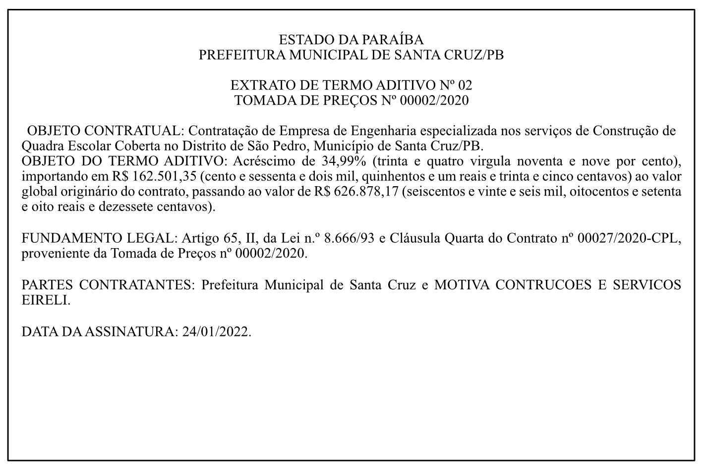PREFEITURA MUNICIPAL DE SANTA CRUZ/PB – EXTRATO DE TERMO ADITIVO Nº 02 – TOMADA DE PREÇOS Nº 00002/2020