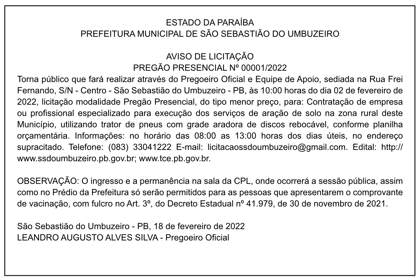 PREFEITURA MUNICIPAL DE SÃO SEBASTIÃO DO UMBUZEIRO – AVISO DE LICITAÇÃO – PREGÃO PRESENCIAL Nº 00001/2022