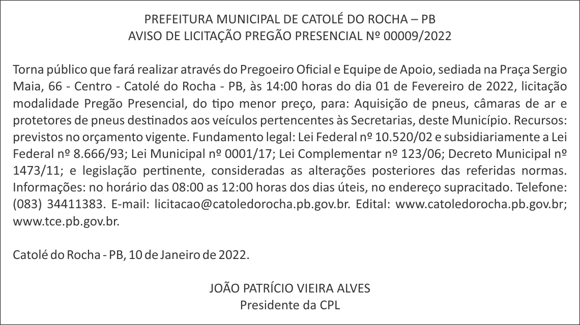 PREFEITURA MUNICIPAL DE CATOLÉ DO ROCHA – AVISO DE LICITAÇÃO – PREGÃO PRESENCIAL Nº 00009/2022