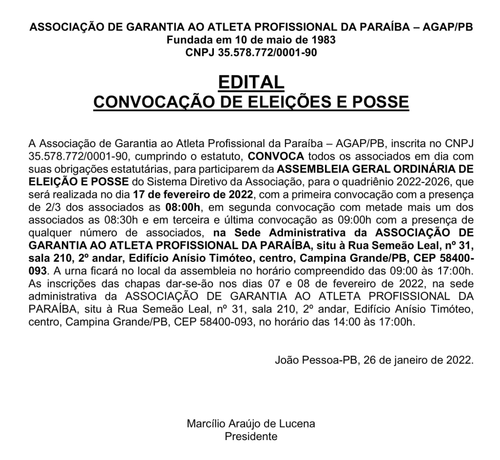AGAP/PB – EDITAL DE CONVOCAÇÃO DE ELEIÇÕES E POSSE