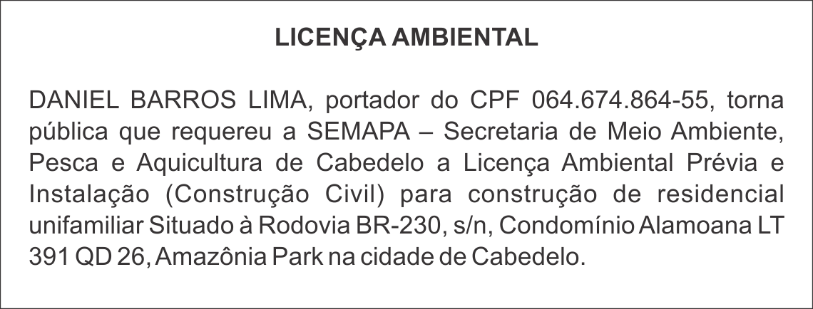 DANIEL BARROS LIMA – LICENÇA AMBIENTAL