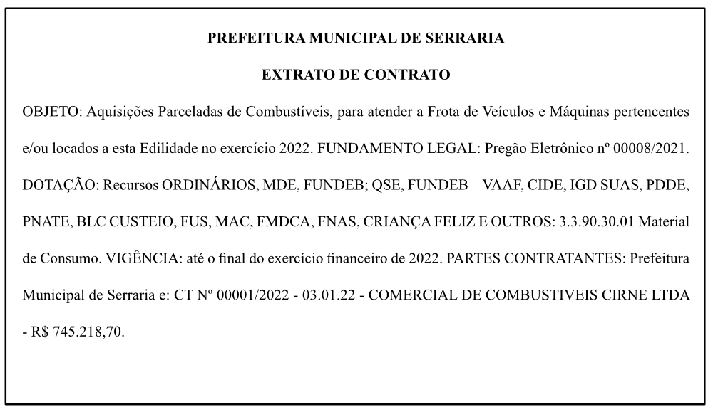 PREFEITURA MUNICIPAL DE SERRARIA – EXTRATO DE CONTRATO