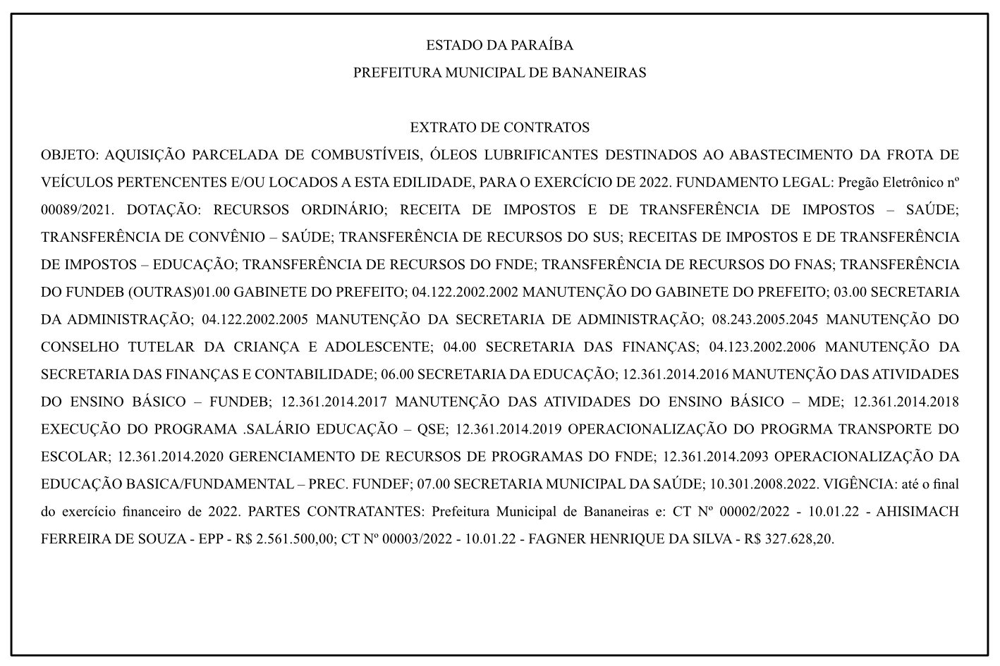 PREFEITURA MUNICIPAL DE BANANEIRAS – EXTRATO DE CONTRATOS