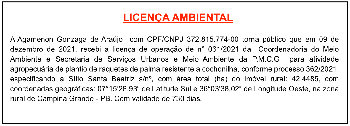 Agamenon Gonzaga de Araújo – Licença Ambiental