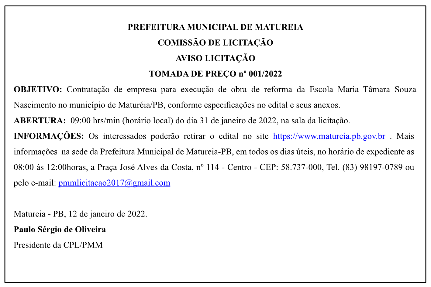 PREFEITURA MUNICIPAL DE MATUREIA – AVISO LICITAÇÃO – TOMADA DE PREÇO nº 001/2022