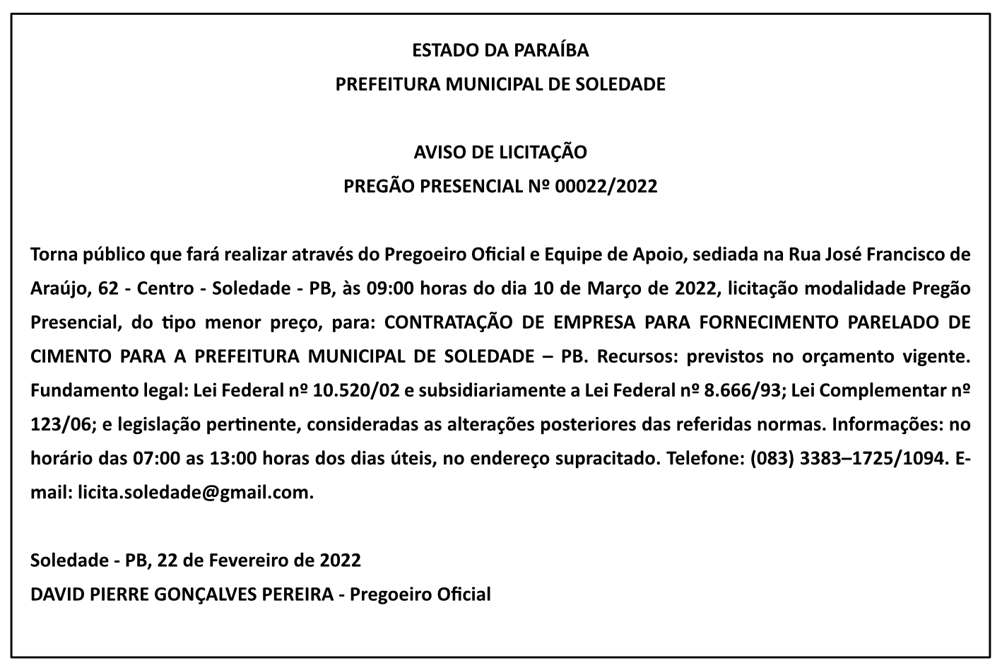PREFEITURA MUNICIPAL DE SOLEDADE – AVISO DE LICITAÇÃO – PREGÃO PRESENCIAL Nº 00022/2022