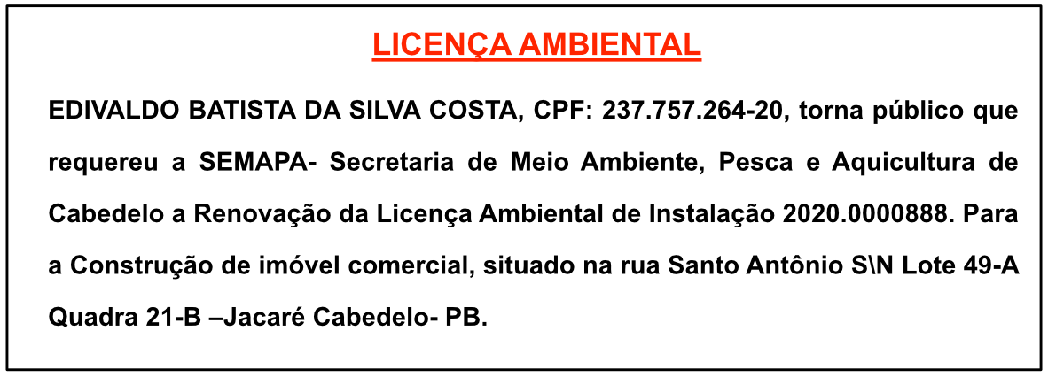 EDIVALDO BATISTA DA SILVA COSTA – LICENÇA AMBIENTAL