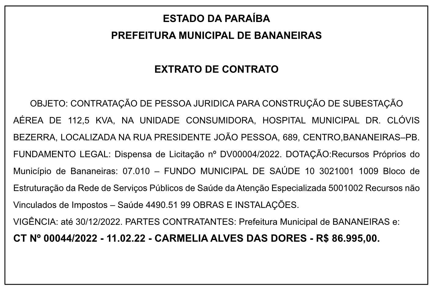 PREFEITURA MUNICIPAL DE BANANEIRAS – EXTRATO DE CONTRATO