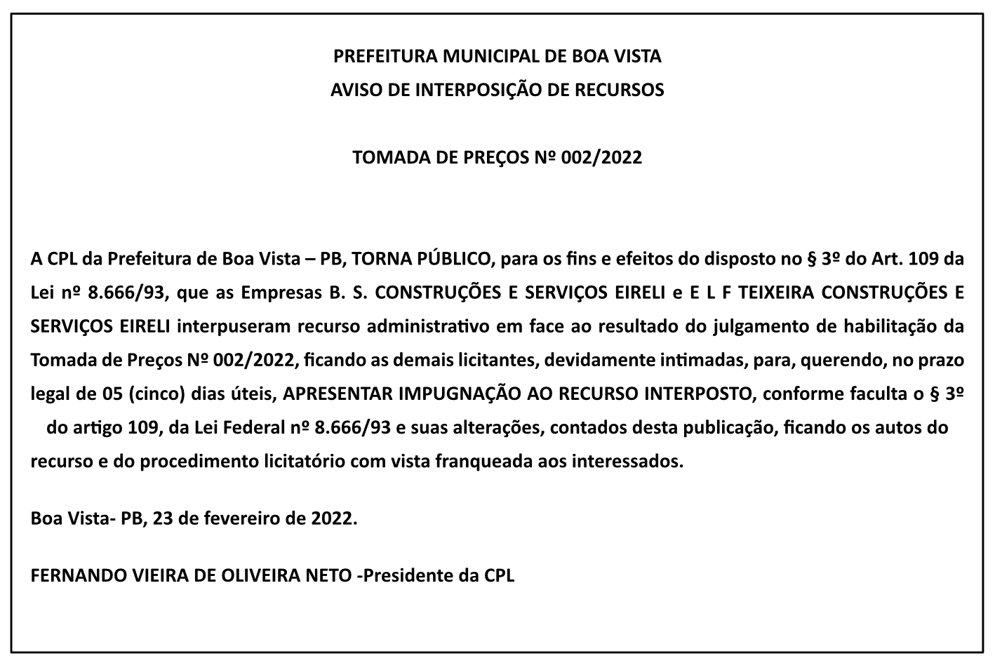 PREFEITURA MUNICIPAL DE BOA VISTA – AVISO DE INTERPOSIÇÃO DE RECURSOS – TOMADA DE PREÇOS Nº 002/2022