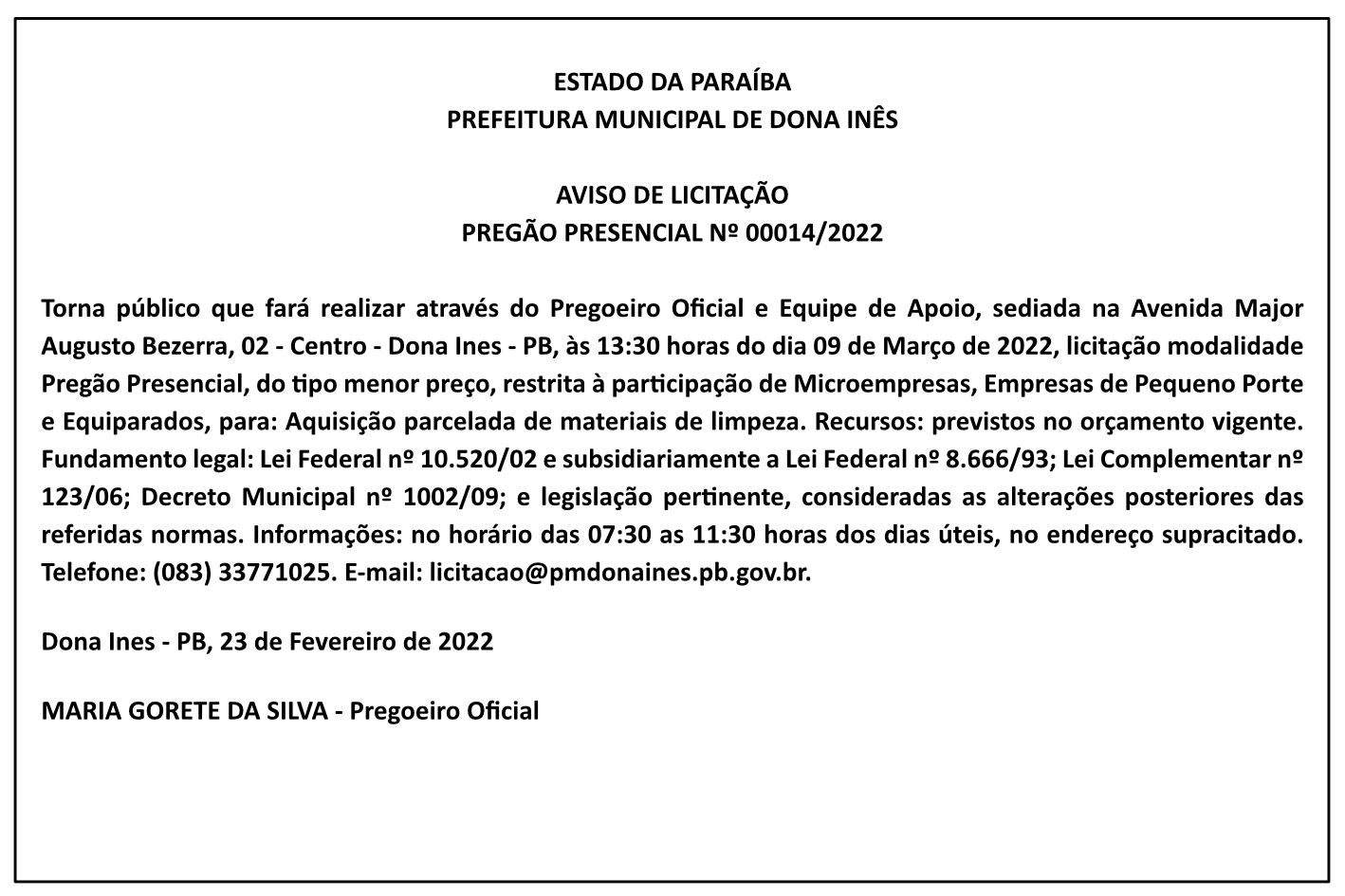 PREFEITURA MUNICIPAL DE DONA INÊS – AVISO DE LICITAÇÃO – PREGÃO PRESENCIAL Nº 00014/2022