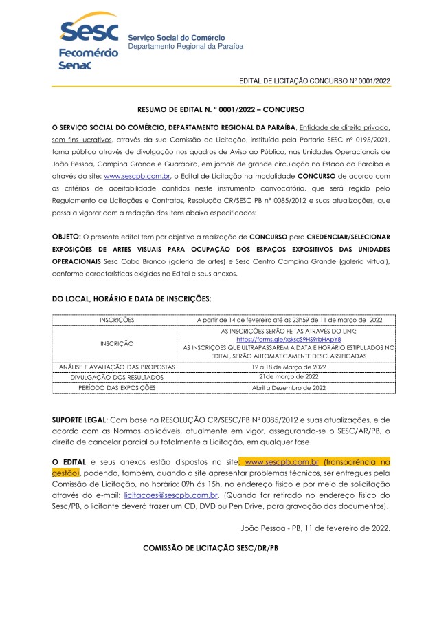 SESC – RESUMO DE EDITAL N.o 0001/2022 – CONCURSO