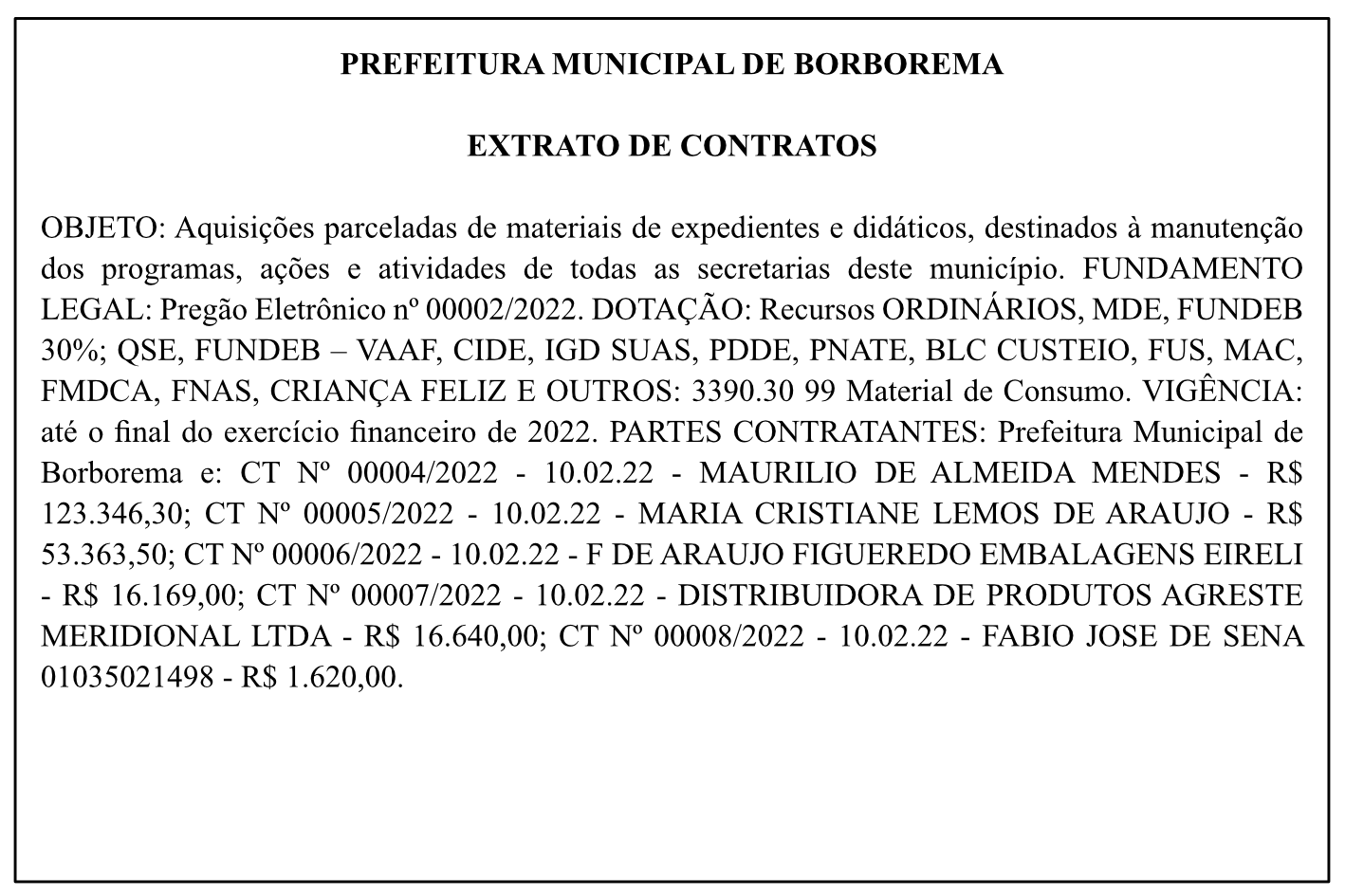 PREFEITURA MUNICIPAL DE BORBOREMA – EXTRATO DE CONTRATOS