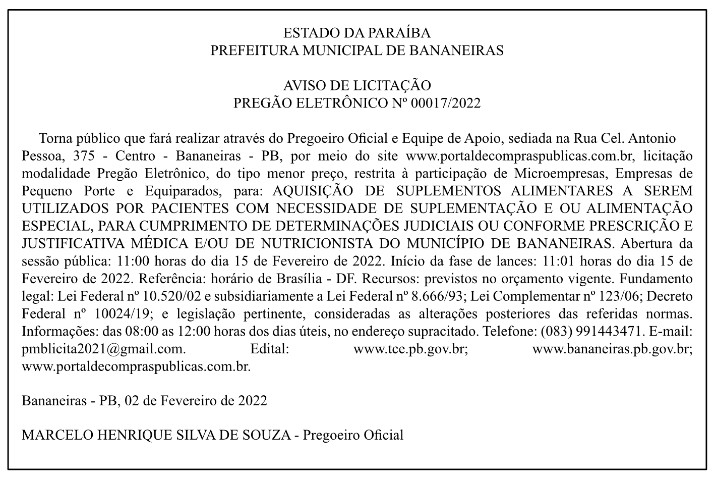 PREFEITURA MUNICIPAL DE BANANEIRAS – AVISO DE LICITAÇÃO – PREGÃO ELETRÔNICO Nº 00017/2022
