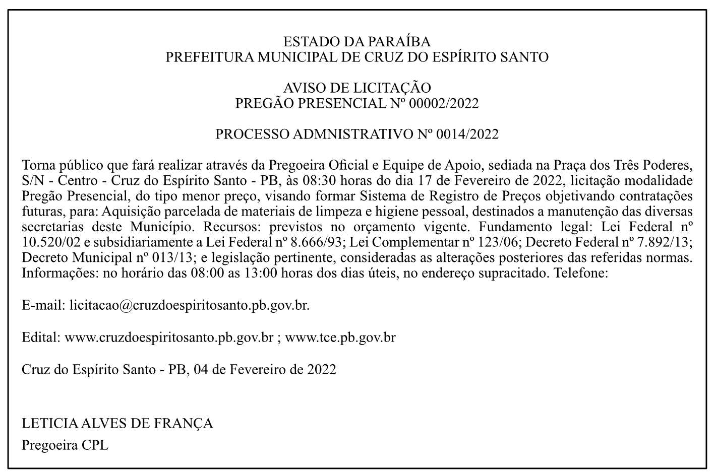 PREFEITURA MUNICIPAL DE CRUZ DO ESPÍRITO SANTO – AVISO DE LICITAÇÃO – PREGÃO PRESENCIAL Nº 00002/2022 – PROCESSO ADMNISTRATIVO Nº 0014/2022
