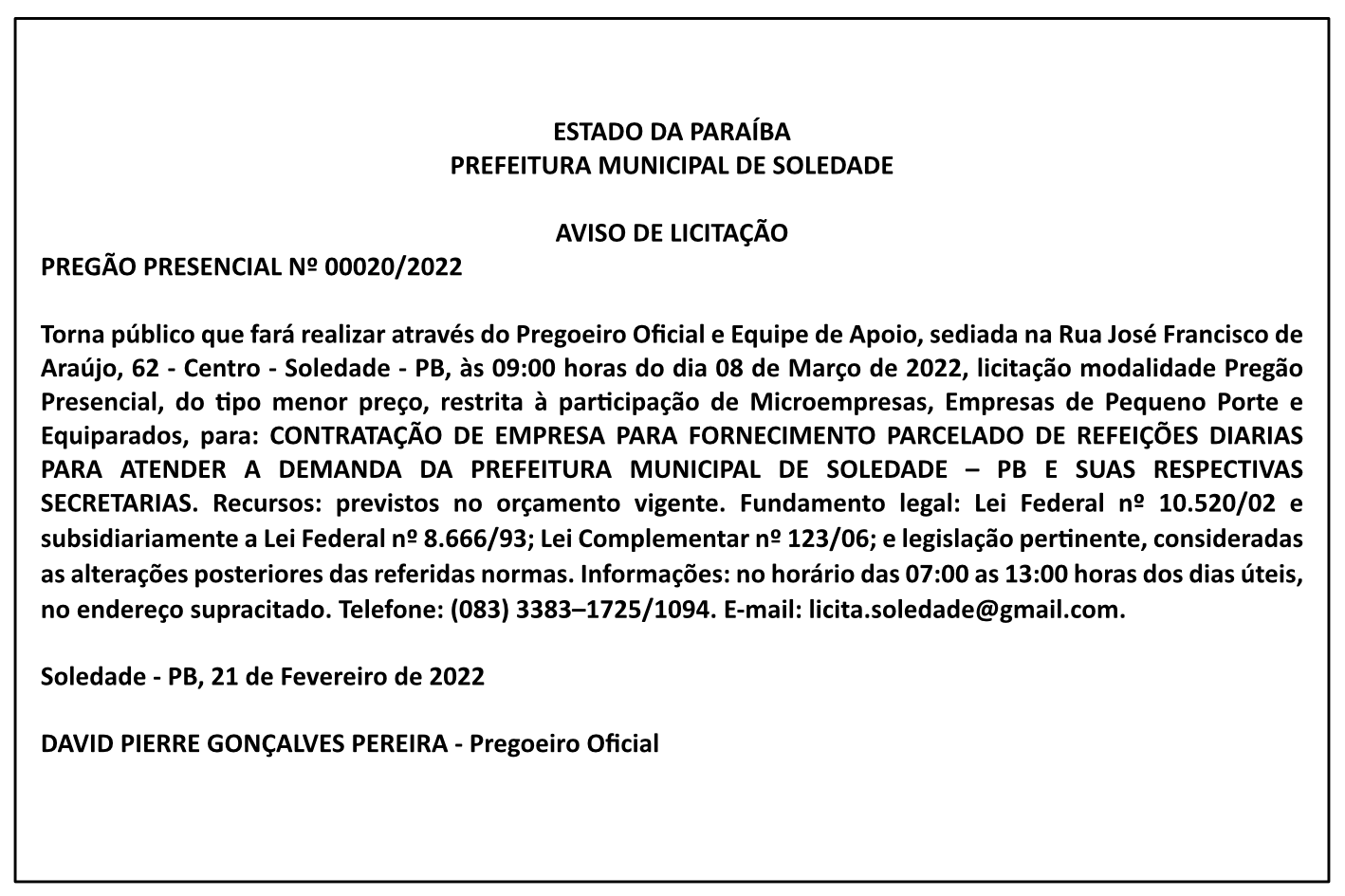 PREFEITURA MUNICIPAL DE SOLEDADE – AVISO DE LICITAÇÃO – PREGÃO PRESENCIAL Nº 00020/2022