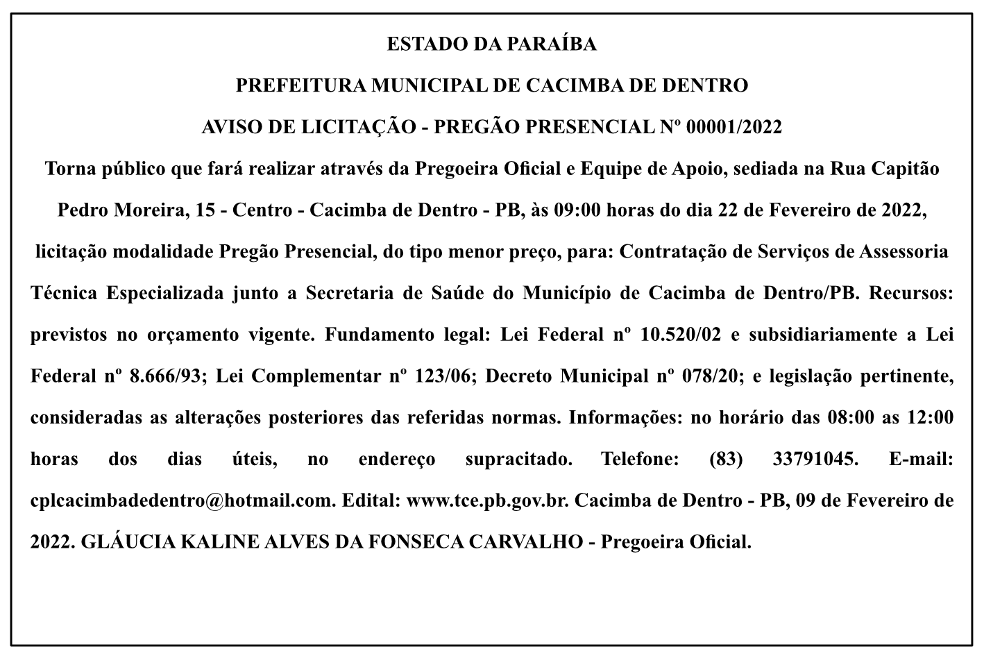 PREFEITURA MUNICIPAL DE CACIMBA DE DENTRO – AVISO DE LICITAÇÃO – PREGÃO PRESENCIAL Nº 00001/2022