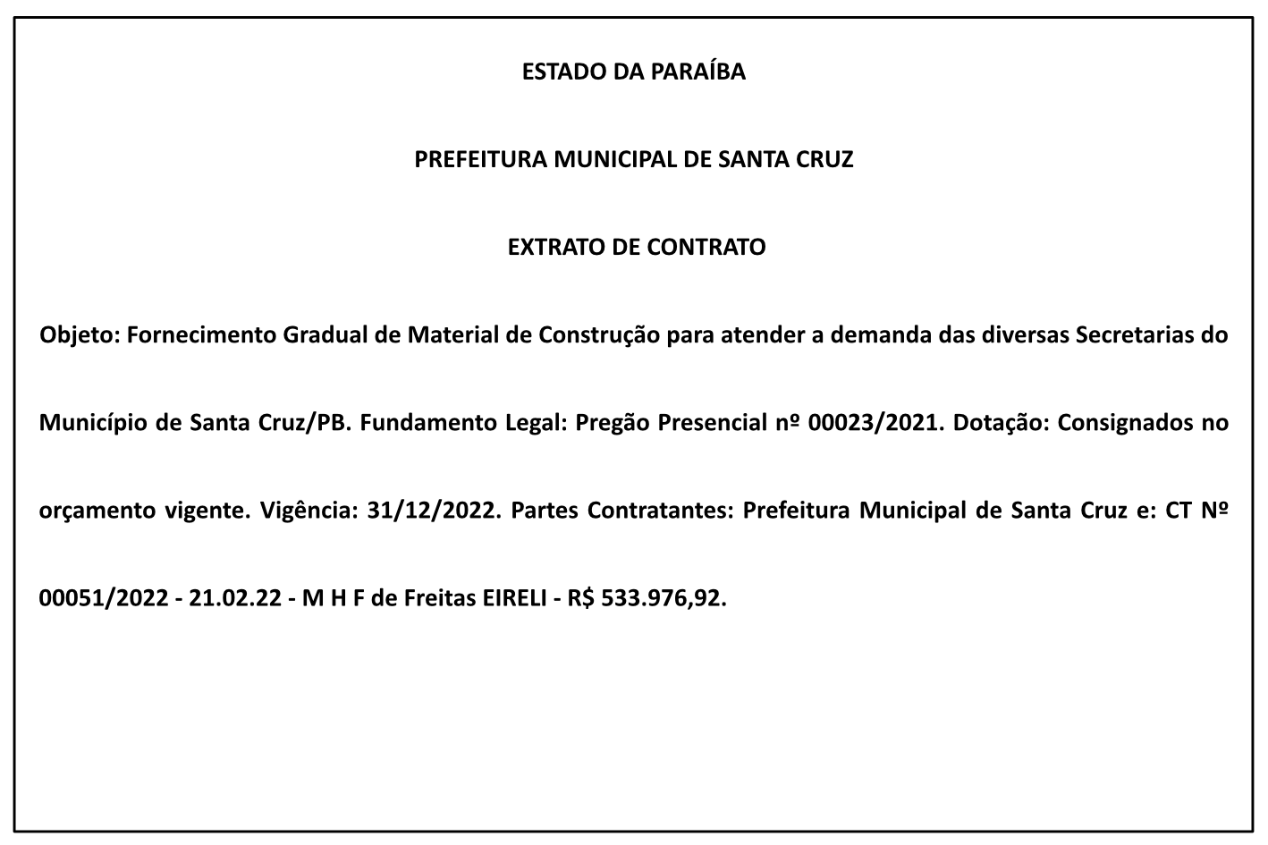 PREFEITURA MUNICIPAL DE SANTA CRUZ – EXTRATO DE CONTRATO