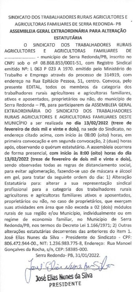 Sindicato dos Trabalhadores Rurais Agricultores e Agricultoras Familiares de Serra Redonda/PB – Assembleia Geral Extraordinária para Alteração Estatuária