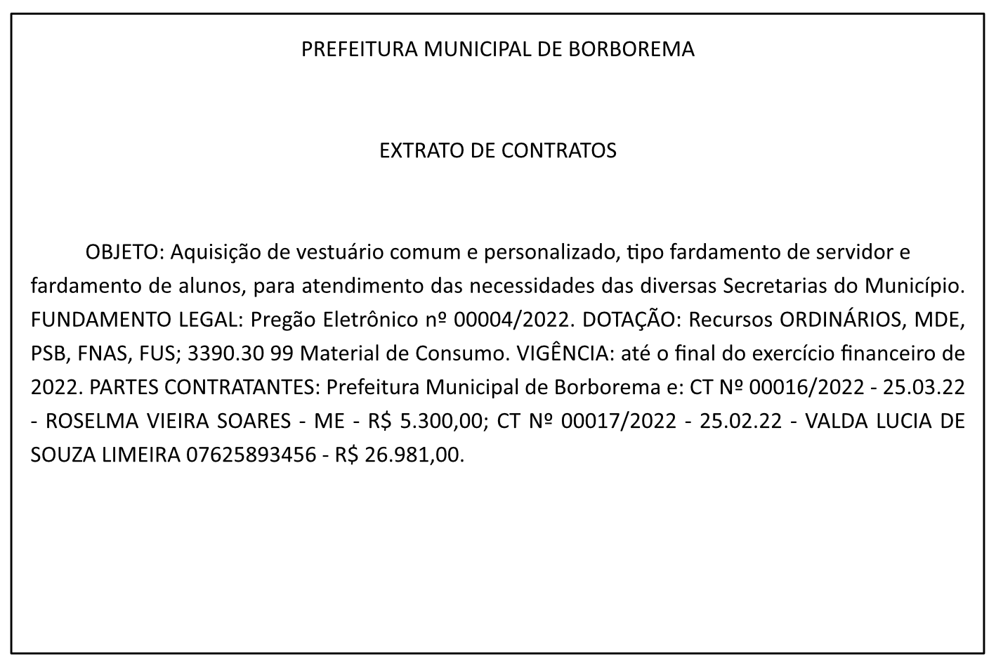 PREFEITURA MUNICIPAL DE BORBOREMA – EXTRATO DE CONTRATOS