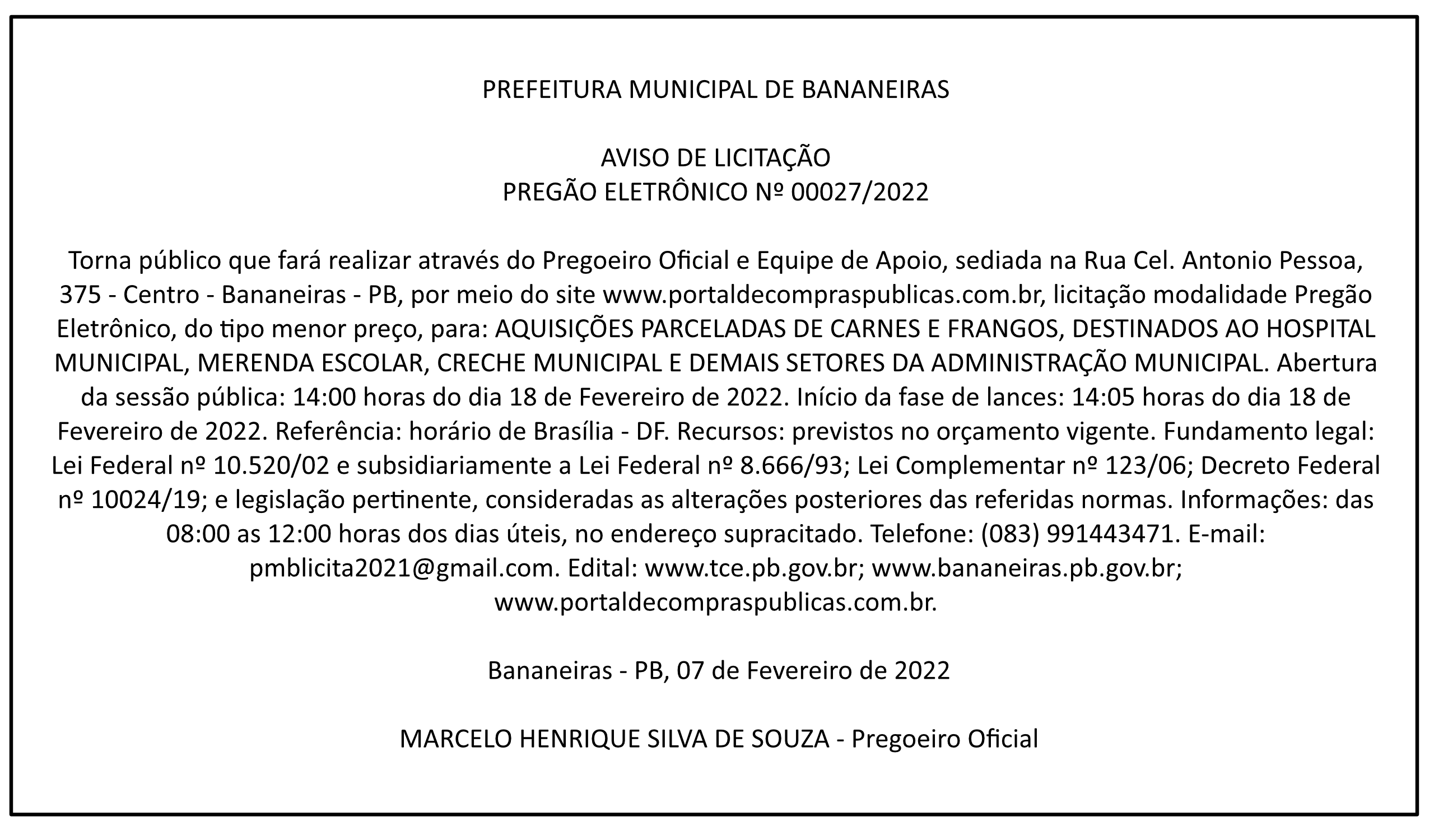 PREFEITURA MUNICIPAL DE BANANEIRAS – AVISO DE LICITAÇÃO – PREGÃO ELETRÔNICO Nº 00027/2022