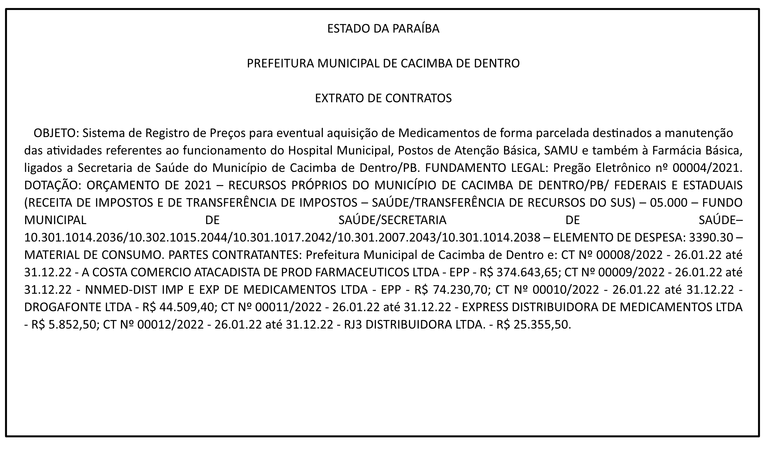 PREFEITURA MUNICIPAL DE CACIMBA DE DENTRO – EXTRATO DE CONTRATOS