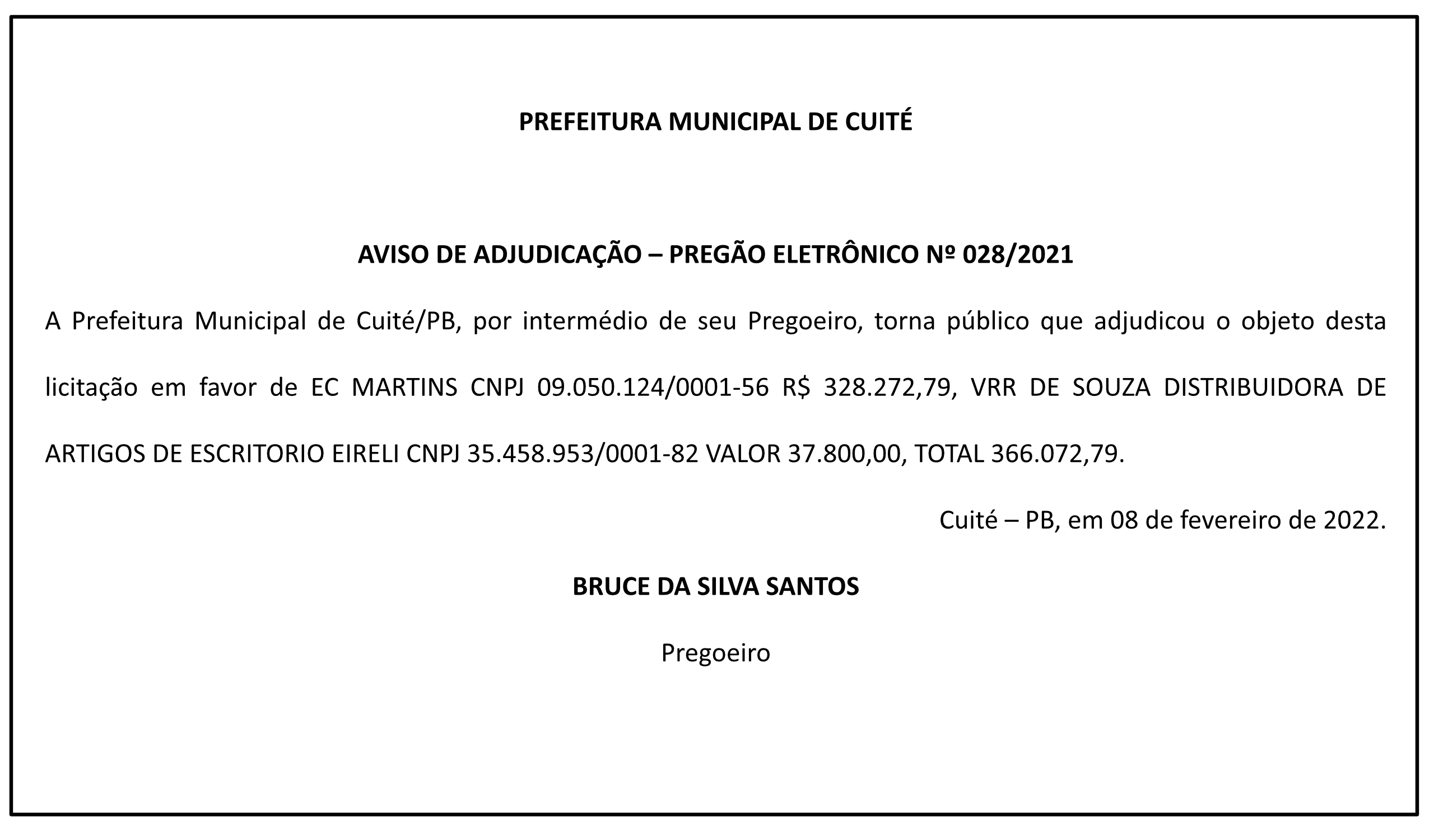 PREFEITURA MUNICIPAL DE CUITÉ – AVISO DE ADJUDICAÇÃO – PREGÃO ELETRÔNICO Nº 028/2021