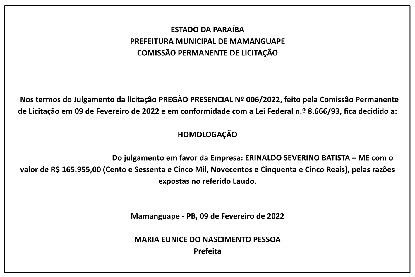 PREFEITURA MUNICIPAL DE MAMANGUAPE – HOMOLOGAÇÃO