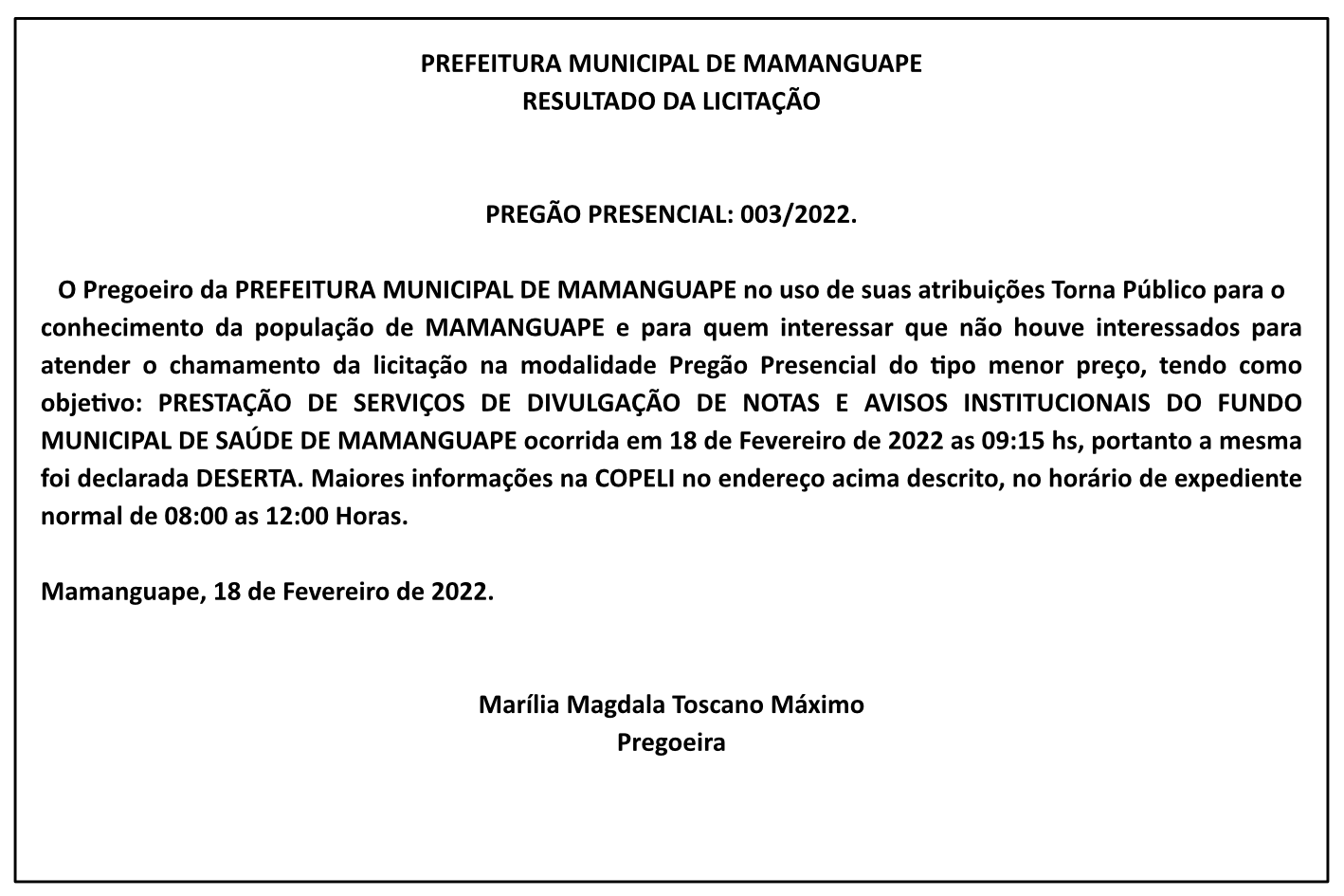 PREFEITURA MUNICIPAL DE MAMANGUAPE – RESULTADO DA LICITAÇÃO – PREGÃO PRESENCIAL: 003/2022